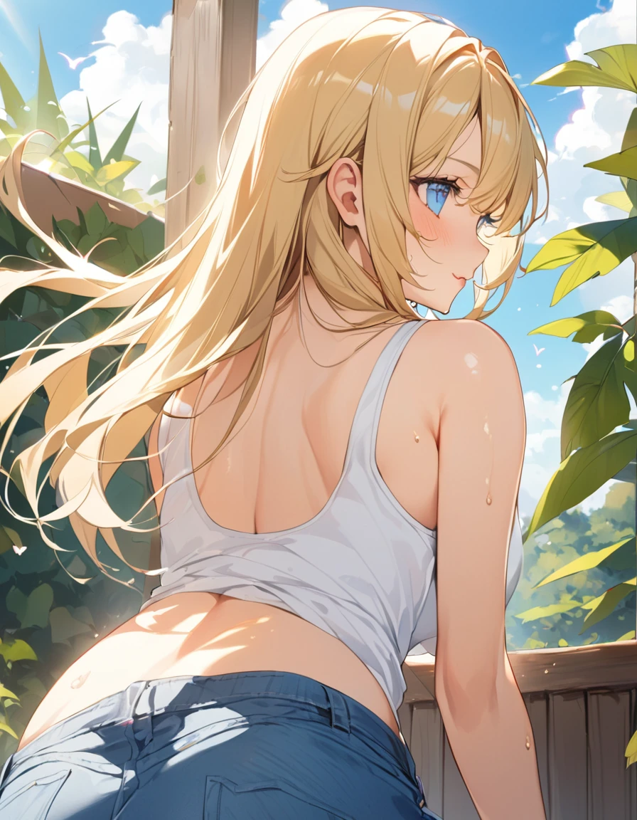 (Top quality illustrations:1.2), (pretty girl:1.1), (1 girl、、Top quality illustrations:1.2), (1 girl、Kind eyes、blue eyes:1.2)、Blonde、Semi-long hair、Mature、Beautiful breasts 、White tank top、Denim shorts、summer、blue sky、Sweat、Back view、hip focus