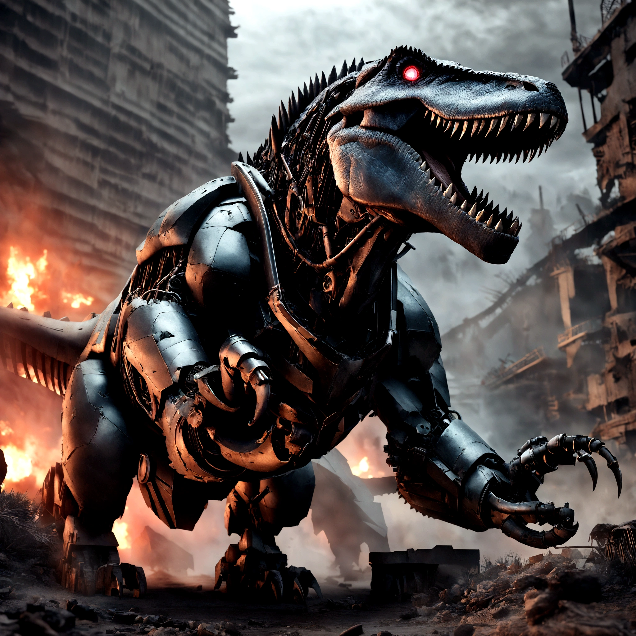a large robotic tyrannosaurus rex, extremely detailed, intricate mechanical parts, gears, pistons, chrome and steel, glowing red eyes, aggressive pose, apocalyptic wasteland background, cinematic lighting, muted color palette, photorealistic, 8k, ultra-detailed, octane render, digital art