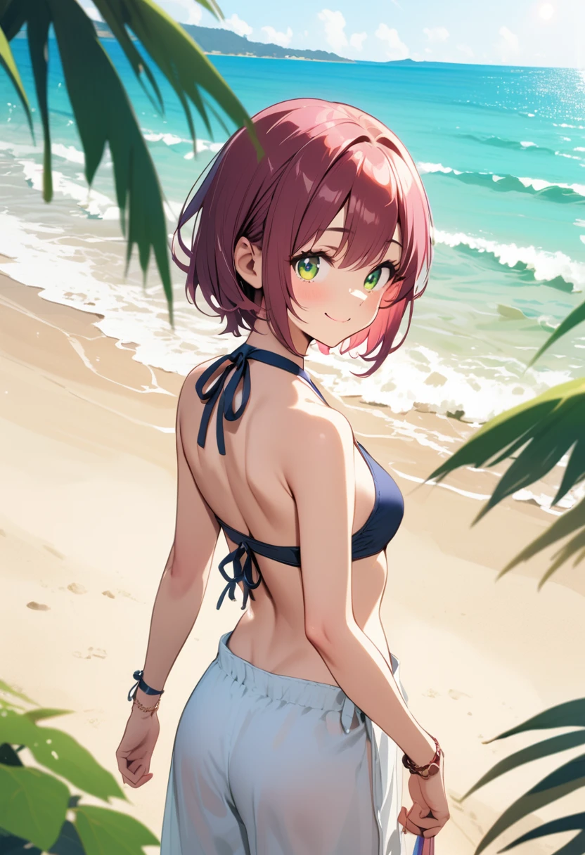 girl, burgundy short hair, lime green eyes, big eyes,droopy eyes,slender body,small breast,  tanabata,bumboo,night,casual clothes,Profile