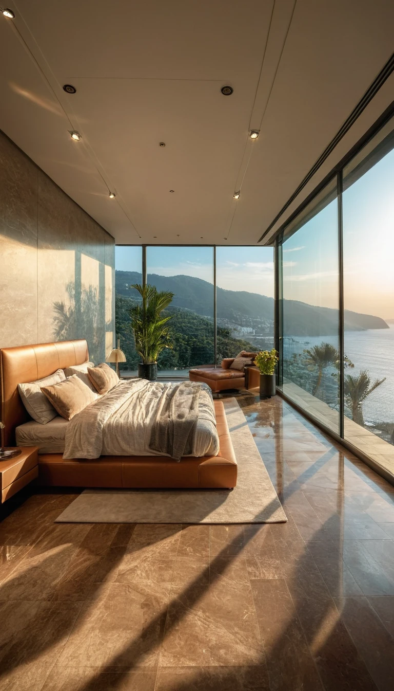 RAW Photos,masterpiece, high quality, 最high quality, Genuine, Super detailed, interior, indoor, ((bedroom style modern luxury)), With a view of the sea , sunset, Dawn, bed, lamp, carpet, bedside cabinets, Vase, Wooden floor ,Glass window