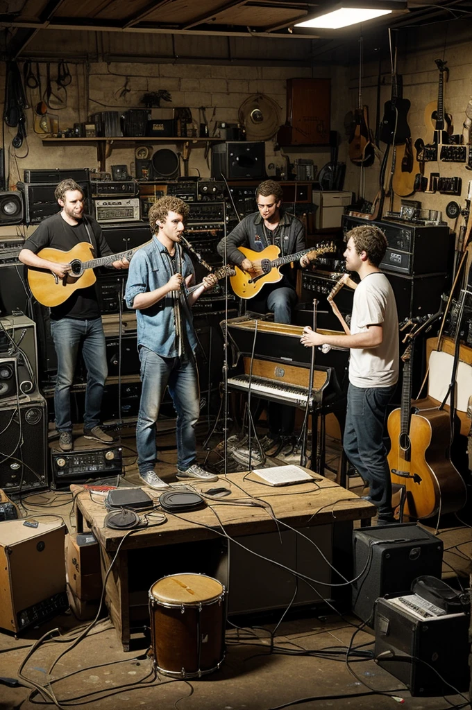 In a messy but cozy garage, five musicians meet to rehearse. The vocalist adjusts the microphone, the pianist tries some chords, the drummer adjusts his kit, while the guitarist and bassist tune their instruments. The environment is full of cables, used musical equipment and the palpable energy of creativity and determination.
