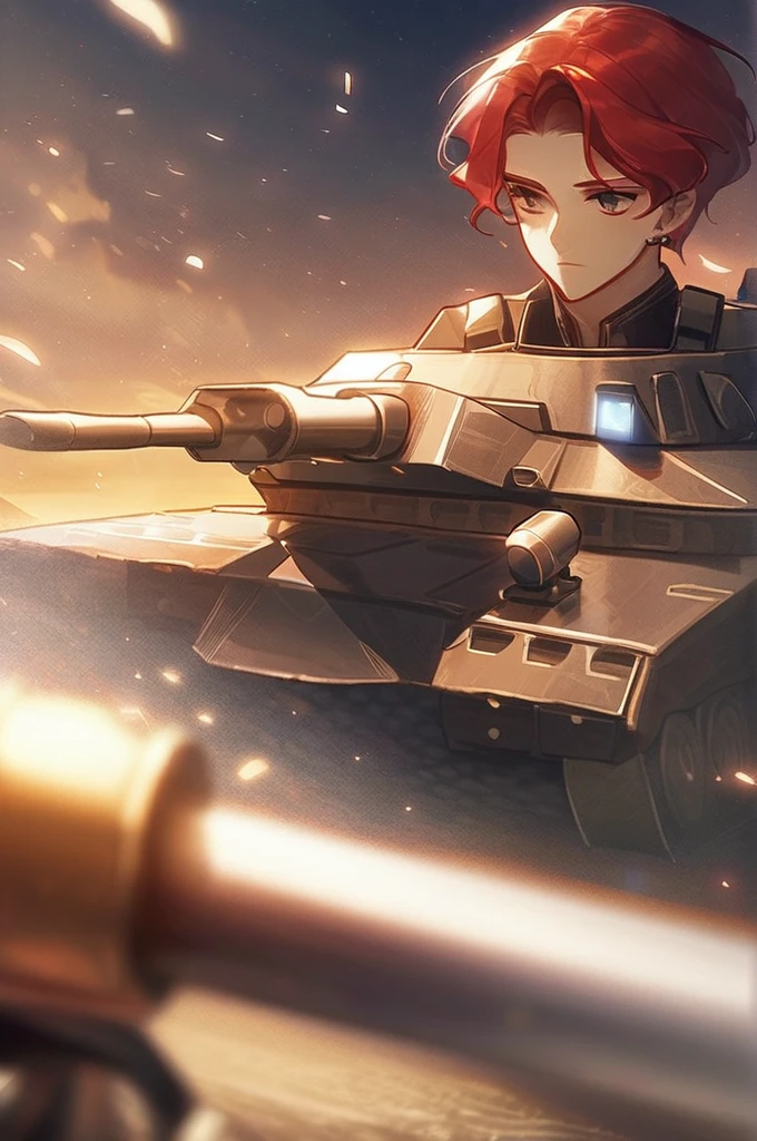 ((Лучшее качество)), ((шедевр)), (подробный), A red-haired gamer is playing tanks