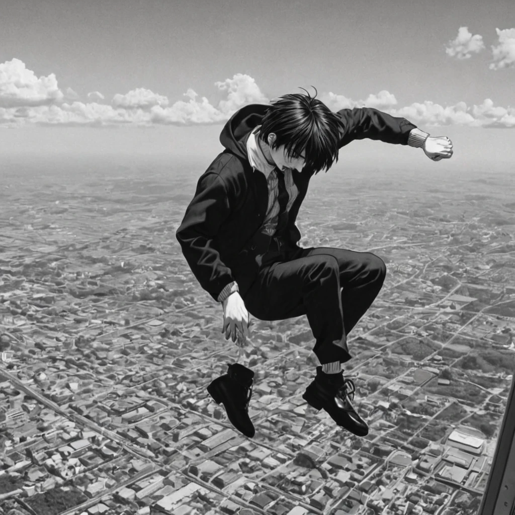 1man, jumping from plane, (anime), bizarre scenario, This is Junji, Yusuke Murata, black and white, 8K, anime, horror