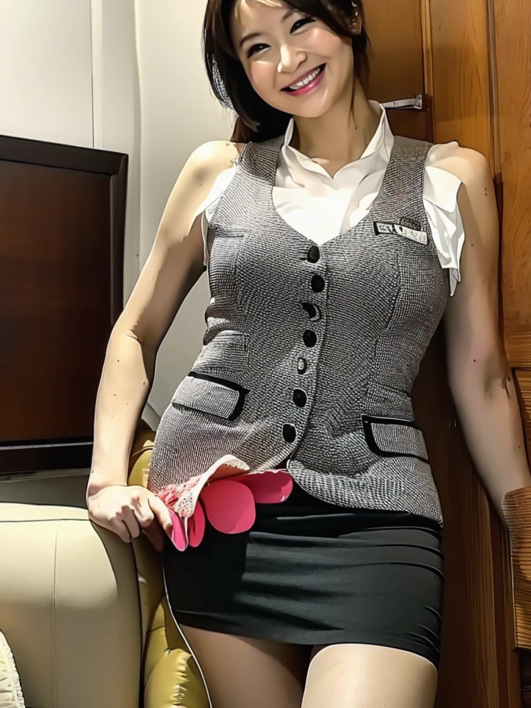Highest quality、masterpiece、8K、Very detailed、Realistic、One person、Looking at me with a smile、whole body、Big Breasts、Erect nipples、Thin and beautiful legs、Tight and slim waist、Sleeveless tight office uniform、skirt