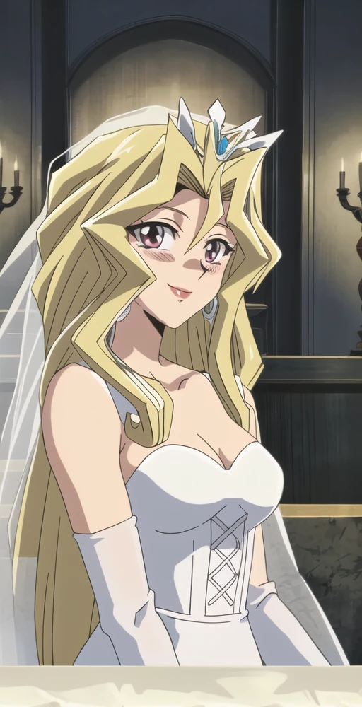 MV, girl, solo, head portrait, looking at viewer, smile, good quality, masterpiece, HDR, UHD wearing a white satin ballgown wedding dress, veil, tiara, elbow gloves, hd, detailed, 4k, blushes, at a church altar