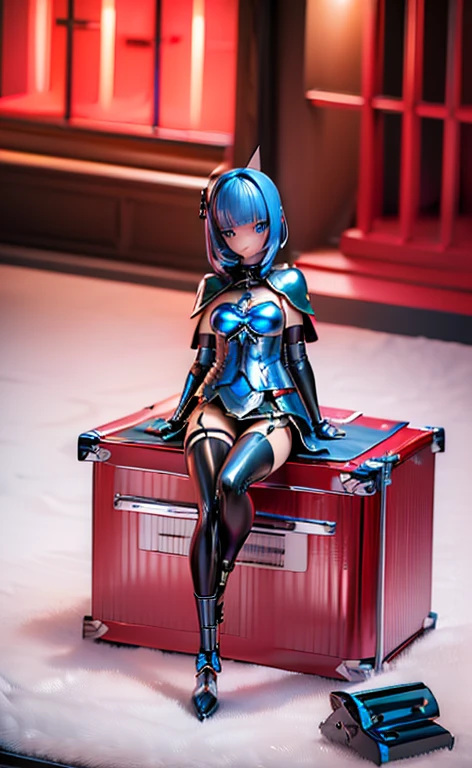 (red color lighting),(close to viewer:1.5)、(masterpiece:1.5、Photorealistic:1.4,anime coloring:1.4、high resolution:1.4)、,(spot light:1.2、Exquisite beautiful eye:1.5,)、(stand:1.5)、()、(upper body:1.7)、
(kind eyes、tareme:1.4),(Hollow Eyes)、(Cute Face)、(blue hair:1.5)、(middle hair:1.5),(sidelock :1.6),(blunt bangs:1.3),(1 girl)、(blue eyes:1.2)、(clear face:1.5),()、(solo)、(chromium　metal black :1.5) ,(),(flat chest),(),(waist-cape armor:1.5),(Leg guard)、()、()、Slim Body(),Shiny Hair、