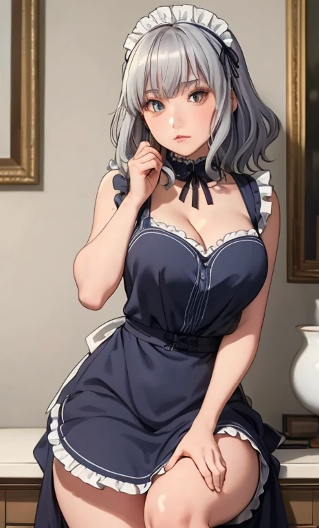 Top quality, (masterpiece: 1.2), Very detailed, Your own room, (((Full and soft breasts,)))(((Huge breasts))) (((Cleavage))) (Perfect curvy figure), 1 girl, Solitary, (meditation), , frown, Watch the audience, White hair, ,Delicate skin,Sexy, maid, maid apron, Maid headdress, Silver Eyes, There is light in the eyes, Practical, From the knee up, Radiant Skin, White skin, (Medium breasts). ultra-Practical, Practical, photoPractical, portrait, Vague