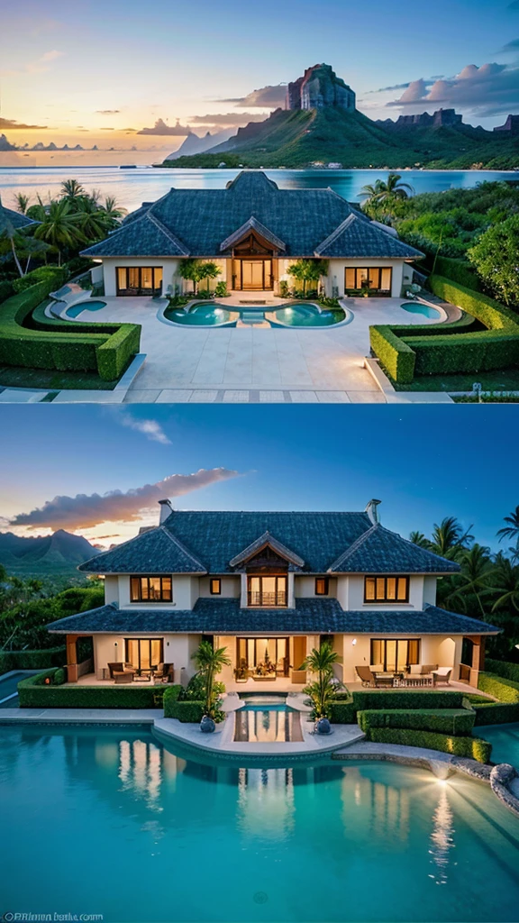Luxurious and luxurious villa on the coast of Bora Bora, French Polynesia, Luxurious charm. Sophisticated, The modern architecture blends beautifully with the blue waters of the lagoon., Creating an oasis of harmonious luxury. This breathtaking photo is、Showcasing expansive panoramic views of the villa, Impeccable design, Luxurious amenities, Illuminated by the soft light of the setting sun. Immerse yourself in the luxury and tranquility of this exclusive tropical retreat。.