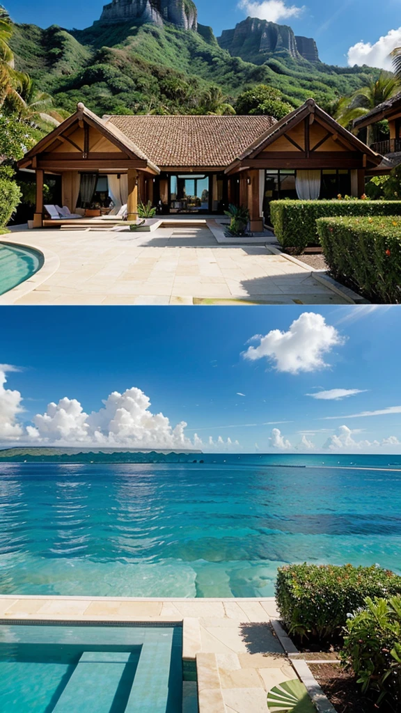 Luxurious and luxurious villa on the coast of Bora Bora, French Polynesia, Luxurious charm. Sophisticated, The modern architecture blends beautifully with the blue waters of the lagoon., Creating an oasis of harmonious luxury. This breathtaking photo is、Showcasing expansive panoramic views of the villa, Impeccable design, Luxurious amenities, Illuminated by the soft light of the setting sun. Immerse yourself in the luxury and tranquility of this exclusive tropical retreat。.