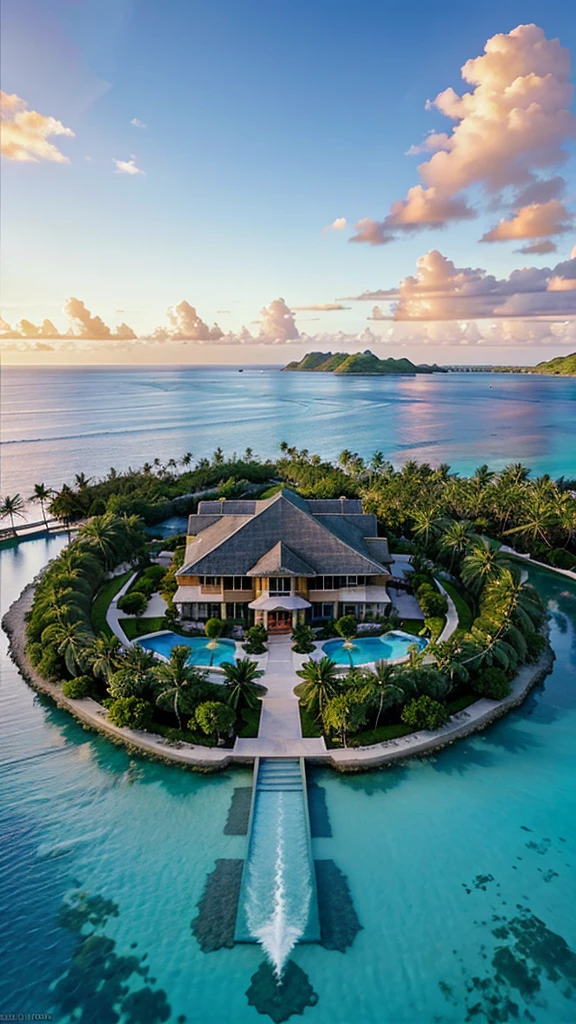 Luxurious and luxurious villa on the coast of Bora Bora, French Polynesia, Luxurious charm. Sophisticated, The modern architecture blends beautifully with the blue waters of the lagoon., Creating an oasis of harmonious luxury. This breathtaking photo is、Showcasing expansive panoramic views of the villa, Impeccable design, Luxurious amenities, Illuminated by the soft light of the setting sun. Immerse yourself in the luxury and tranquility of this exclusive tropical retreat。.