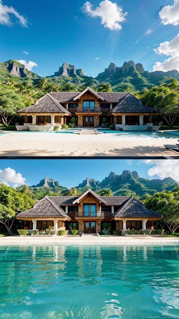 Luxurious and luxurious villa on the coast of Bora Bora, French Polynesia, Luxurious charm. Sophisticated, The modern architecture blends beautifully with the blue waters of the lagoon., Creating an oasis of harmonious luxury. This breathtaking photo is、Showcasing expansive panoramic views of the villa, Impeccable design, Luxurious amenities, Illuminated by the soft light of the setting sun. Immerse yourself in the luxury and tranquility of this exclusive tropical retreat。.