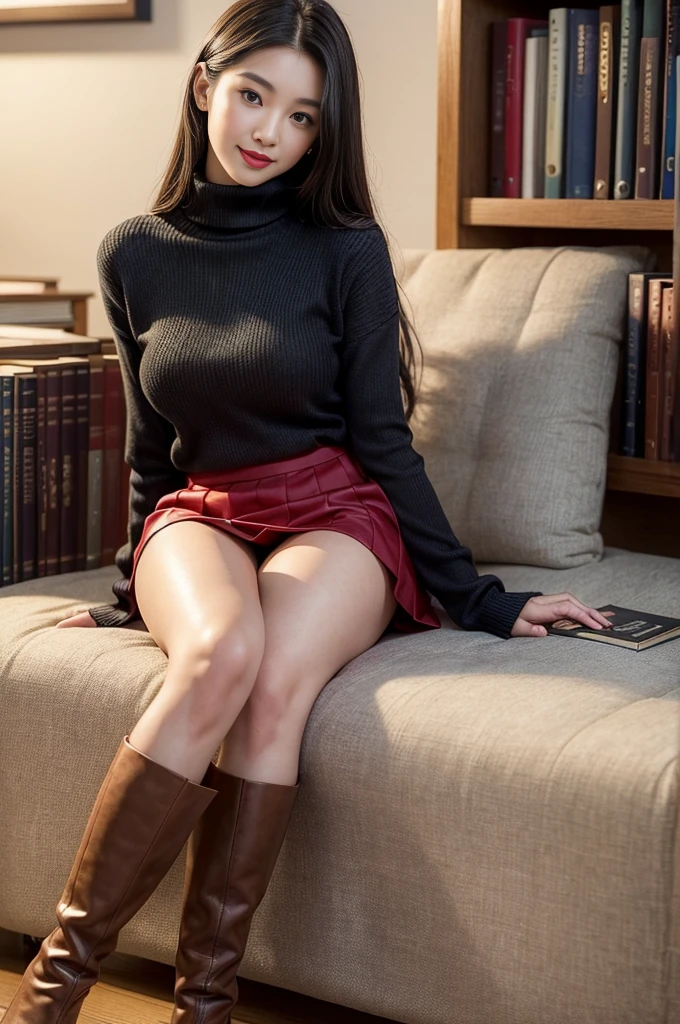 Beautiful 20 year old woman with small breasts, Japanese,One Woman,Beautiful, perfect and detailed face, Little red lips,Smiling innocently, , Fine eyes and lips, Long eyelashes, Realistic, Very detailed,checked midi skirt,Turtleneck sweater,Ankle boots,8K, masterpiece,In the background, people are reading books in the library