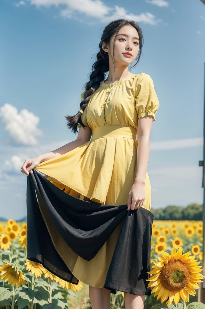 (((best quality))), (((ultra detailed))), (((masterpiece))), illustration, a picturesque scene of a beautiful Ukrainian girl standing amidst a field of sunflowers, short braided hair, ((vibrant blue shirt,Maxi bright yellow skirt)), complementary attire, horizon as backdrop, brilliant shade of clear blue sky, stark contrast with yellow flowers, sea of yellow sunflowers with yellow leaves, girl's presence adds intimacy, striking features, sharp piercing eyes, warm kindness, subtle smile, gentle nature, simplicity of beauty, natural setting, yellow dress cascading to ankles, fluttering in gentle breeze, short braids tied with colorful ribbons, playfulness, beauty in simplicity, girl standing out against vivid backdrop, harmonious fusion of nature's splendor and human grace, viewer captivated by girl's beauty, serenity of sunflower field, invites imagination of tranquility, away from chaos of everyday life, reminder of inherent beauty in world around us, waiting to be discovered