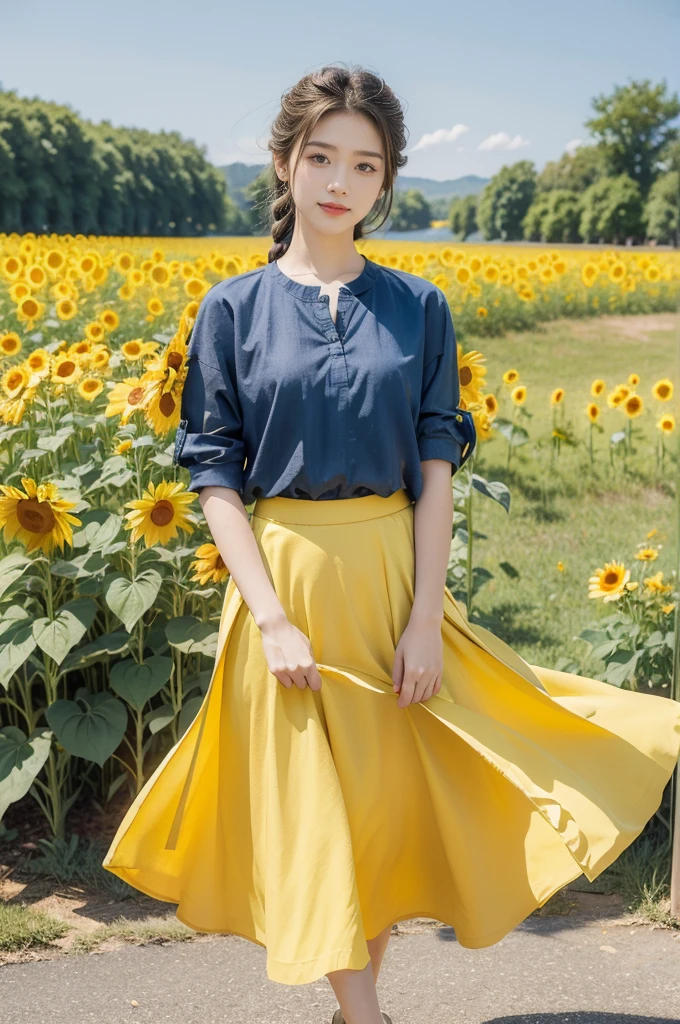 (((best quality))), (((ultra detailed))), (((masterpiece))), illustration, a picturesque scene of a beautiful Ukrainian girl standing amidst a field of sunflowers, short braided hair, ((vibrant blue shirt,Maxi bright yellow skirt)), complementary attire, horizon as backdrop, brilliant shade of clear blue sky, stark contrast with yellow flowers, sea of yellow sunflowers with yellow leaves, girl's presence adds intimacy, striking features, sharp piercing eyes, warm kindness, subtle smile, gentle nature, simplicity of beauty, natural setting, yellow dress cascading to ankles, fluttering in gentle breeze, short braids tied with colorful ribbons, playfulness, beauty in simplicity, girl standing out against vivid backdrop, harmonious fusion of nature's splendor and human grace, viewer captivated by girl's beauty, serenity of sunflower field, invites imagination of tranquility, away from chaos of everyday life, reminder of inherent beauty in world around us, waiting to be discovered