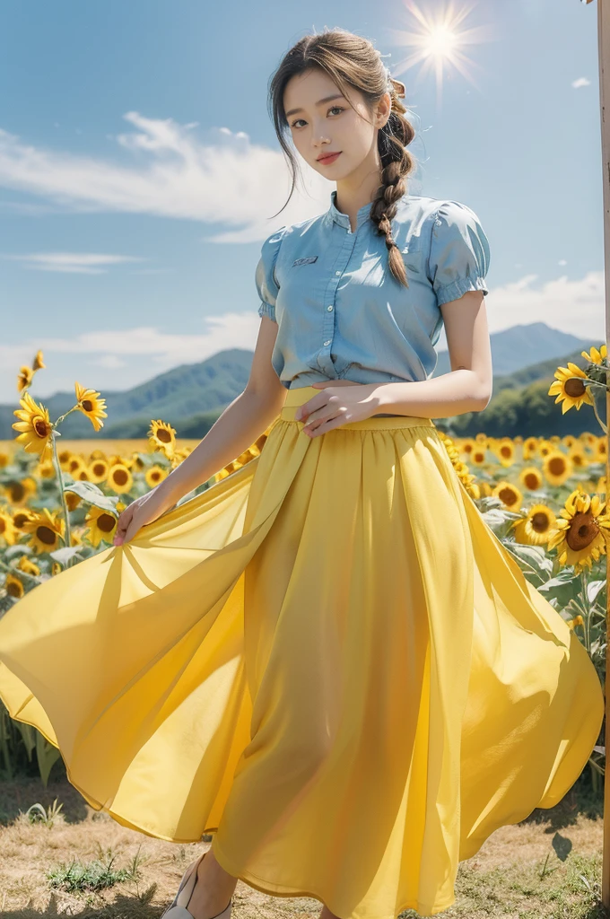 (((best quality))), (((ultra detailed))), (((masterpiece))), illustration, a picturesque scene of a beautiful Ukrainian girl standing amidst a field of sunflowers, short braided hair, ((vibrant blue shirt,Maxi bright yellow skirt)), complementary attire, horizon as backdrop, brilliant shade of clear blue sky, stark contrast with yellow flowers, sea of yellow sunflowers with yellow leaves, girl's presence adds intimacy, striking features, sharp piercing eyes, warm kindness, subtle smile, gentle nature, simplicity of beauty, natural setting, yellow dress cascading to ankles, fluttering in gentle breeze, short braids tied with colorful ribbons, playfulness, beauty in simplicity, girl standing out against vivid backdrop, harmonious fusion of nature's splendor and human grace, viewer captivated by girl's beauty, serenity of sunflower field, invites imagination of tranquility, away from chaos of everyday life, reminder of inherent beauty in world around us, waiting to be discovered
