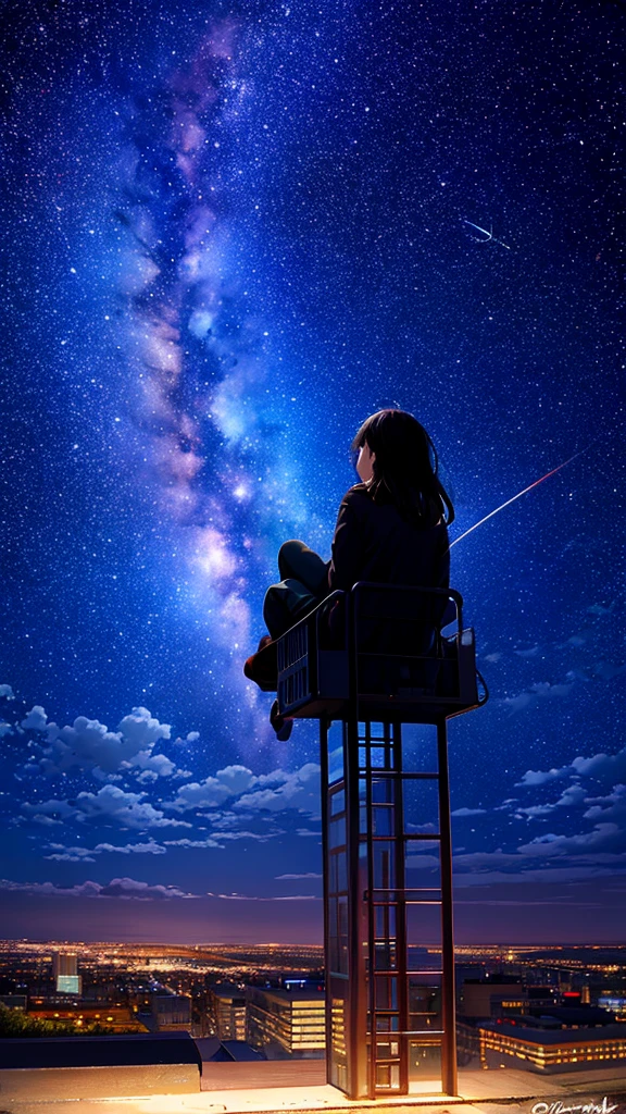 octans, sky, star (sky), scenery, starry sky, night, 1girl, night sky, solo, outdoors, building, cloud, milky way, sitting, tree, long hair, city, silhouette, cityscape