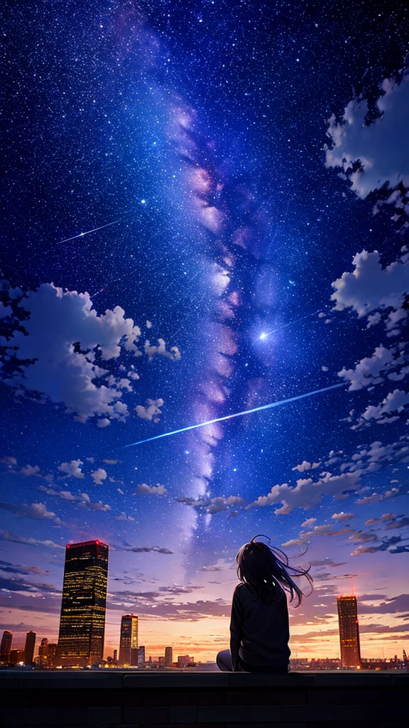 octans, sky, star (sky), scenery, starry sky, night, 1girl, night sky, solo, outdoors, building, cloud, milky way, sitting, tree, long hair, city, silhouette, cityscape