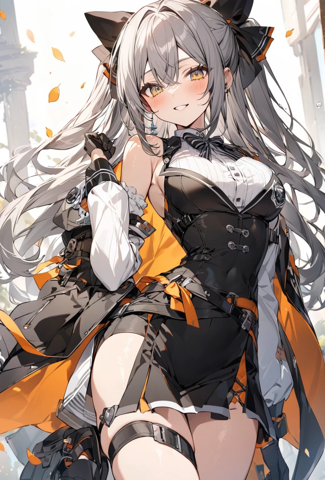 ((Highest quality)), ((masterpiece)), ((Very detailed)), (Very mature),A cute high school girl with a gentle look, white hair and about 165cm tall.,A female high school student with big breasts and a cute smile wearing a transparent white waifus with a cute patterned hood that shows off her shoulders, 顔が若干縦方向に長いbright笑顔の女性,Small Faced Woman,alone, Cute attitude,(background(bright),Long Hair - Straight,Knee-high socks、A transparent white veil with a cute pattern and a hood with white off-the-shoulders,White wall、Sitting、Facing the viewer、縁に模様がある壁が1面のbackground