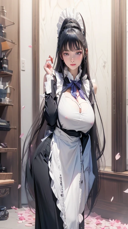 (masterpiece, best quality, absurd), (((Full and soft breasts,)))(((Huge breasts))) (((Cleavage))) (Perfect curvy figure), A woman,Mature,Mature,25 years old,Black Hair, Long straight hair, Bangs, Large Breasts, Tight waist, Purple Eyes, petal, Blue tanned skin, indoor, Gunsmith,Assault Rifles,maid,Black long skirt,maid headdress, maid apron, Cowboy shooting, blush, A faint smile, Tilting your head, bow