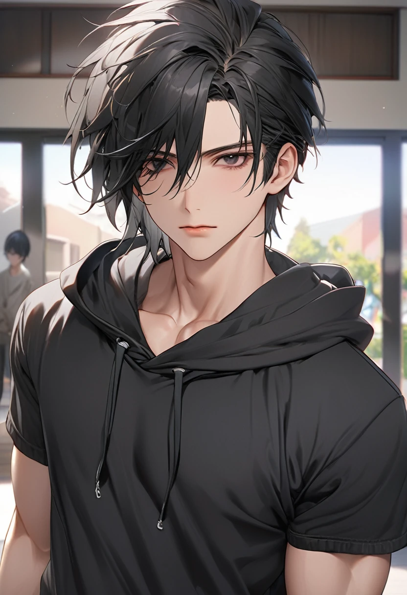 A highschool boy, handsome, perfect body, black hair, short hair, mullet, black eyes, upturned eyes, expressionless, black hoodie, anime, first-person view, masterpiece, anatomically correct, high details, highres, best quality, super detail, 1080P