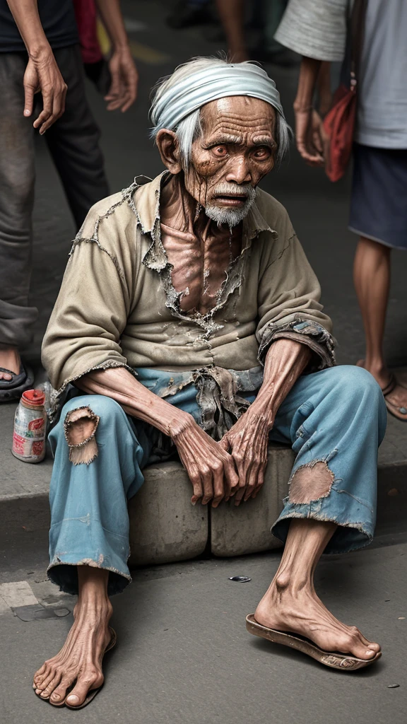 "Depict an elderly beggar in tattered clothes, sitting on a sidewalk in bustling Jakarta, surrounded by the noise and movement of the city."