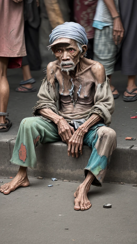 "Depict an elderly beggar in tattered clothes, sitting on a sidewalk in bustling Jakarta, surrounded by the noise and movement of the city."