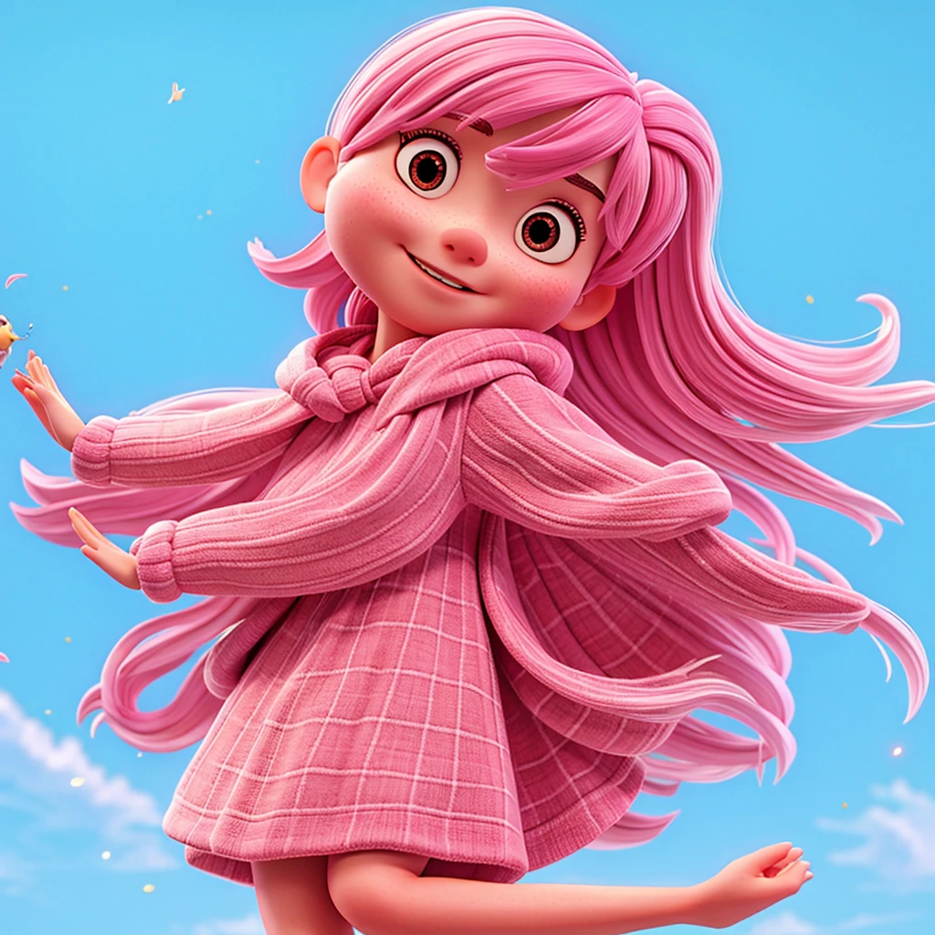 Uma garota fly away, pink  hair, slanted eyes, cute, 3d, highly detailed, wearing a brown sweatshirt, and light blue pants, fly away, highly detailed, fully body, cartoon, , 