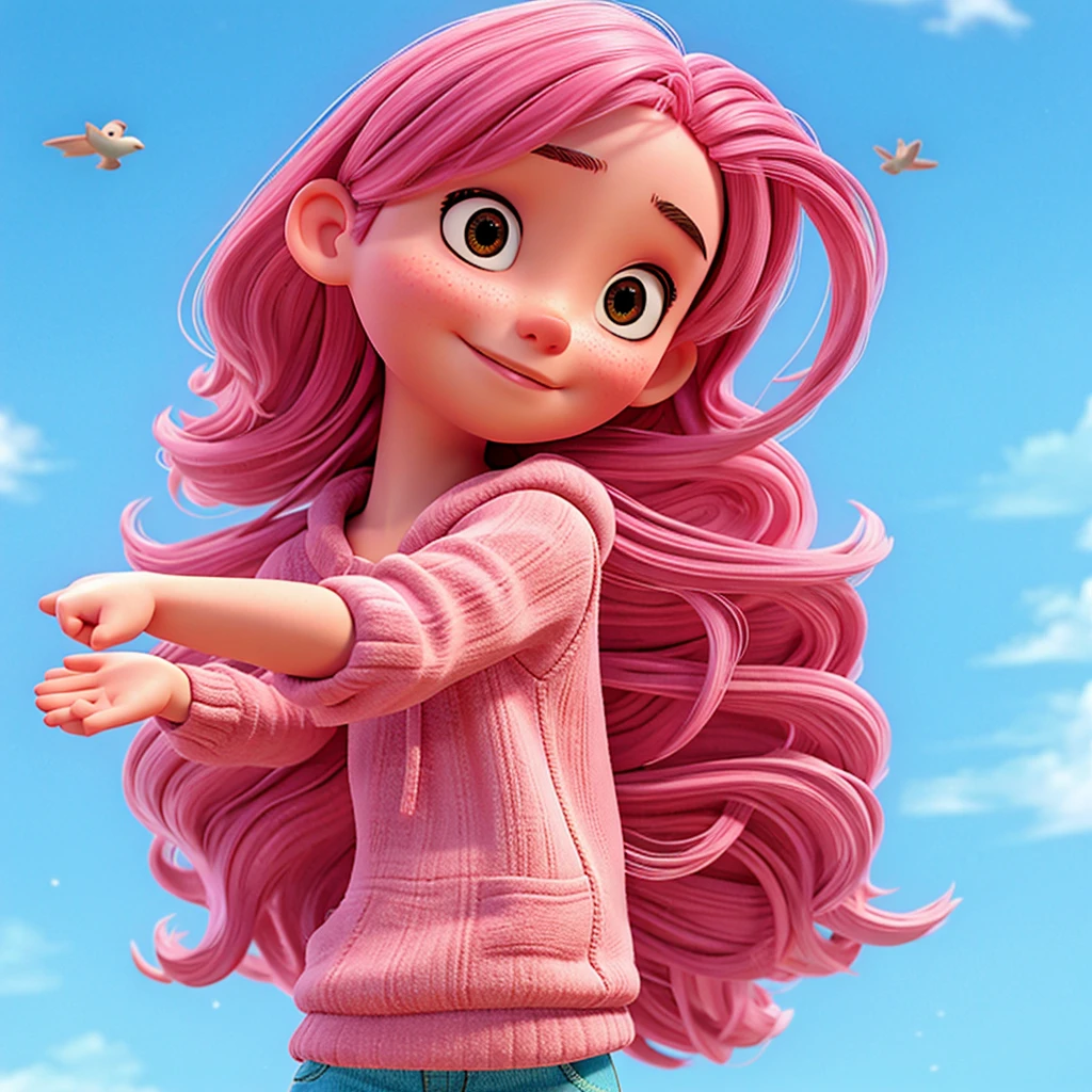 Uma garota fly away, pink hair, slanted eyes, cute, 3d, highly detailed, wearing a brown sweatshirt, and light blue pants, fly away, highly detailed, fully body, cartoon, 11 years old,