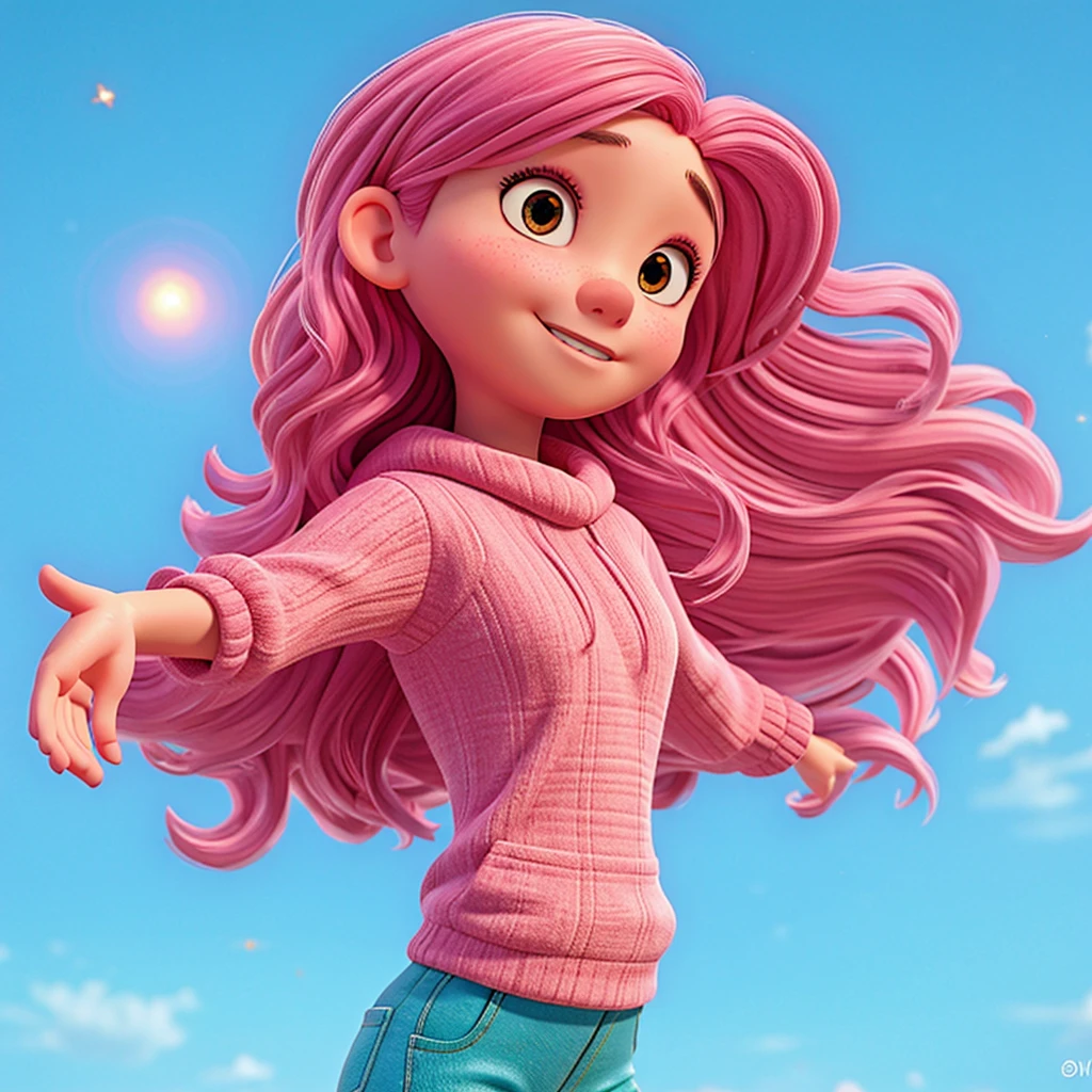Uma garota fly away, pink  hair, slanted eyes, cute, 3d, highly detailed, wearing a brown sweatshirt, and light blue pants, fly away, highly detailed, fully body, cartoon, 11 years old, 
