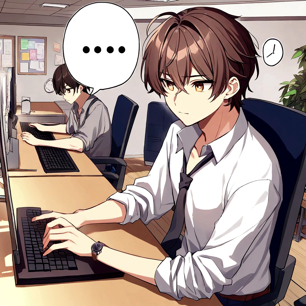 Close non-protagonist, a young worker named Kenji. He's in his office, typing on the computer, looking distractedly at the clock. Ao fundo, colleagues discuss work.