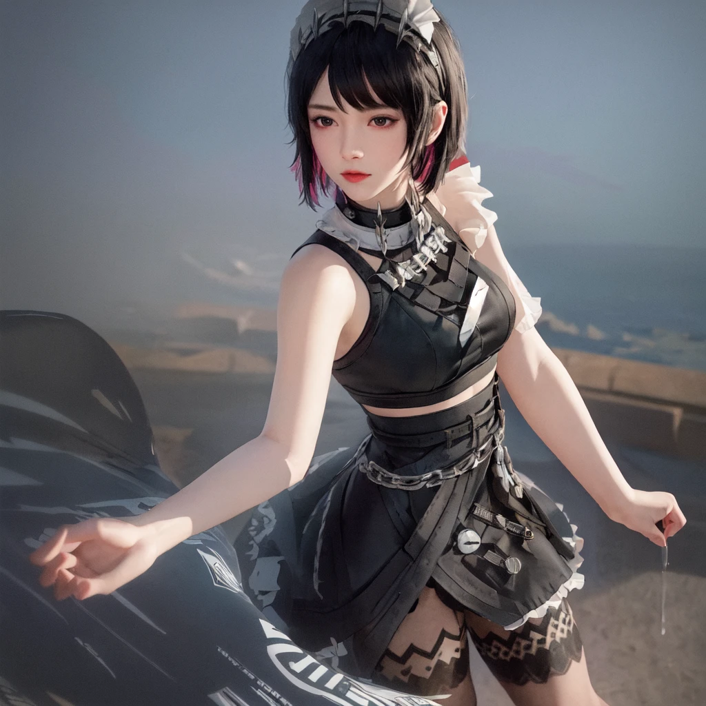 (best quality), masterpiece, Extremely detailed CG8K painting, high color, Extremely high color saturation, All colors are deepened, central composition, Extremely detailed light and shadow, The face and eyes are very detailed, medium length hair, sportswear, colorful clouds,beautiful nature,landscape,short black hair,white spaghetti strap dress,black hair,short hair,Punk style clothing,short black hair,maid outfit,Open navel,black stockings,black pantyhose,Large Breasts,hair to shoulders