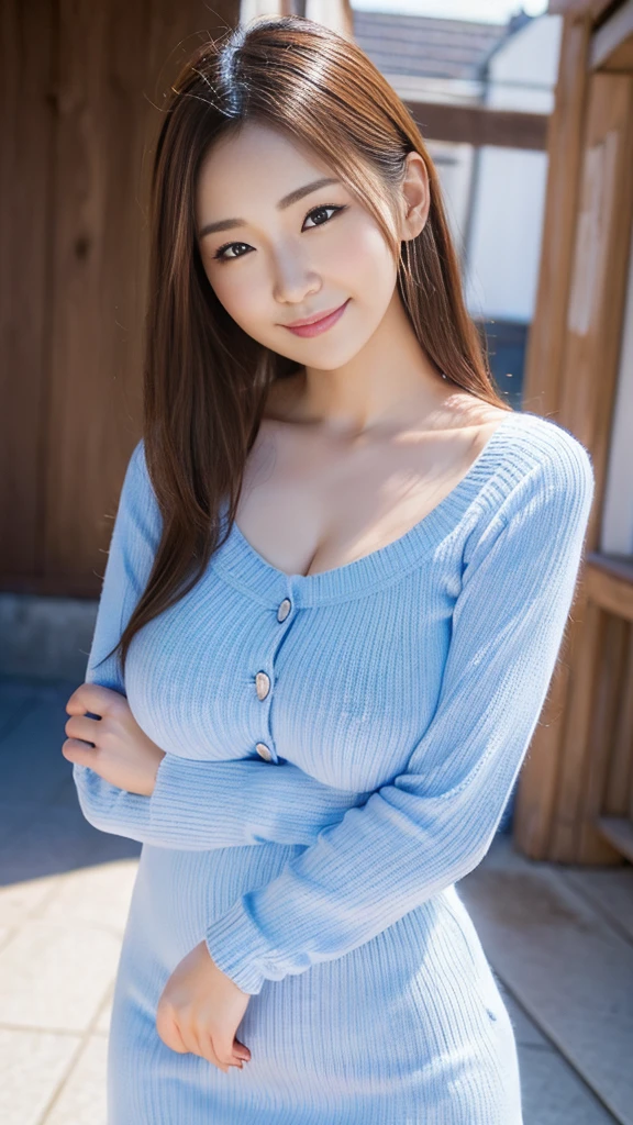 highest quality, figure, super detailed, finely, High resolution, 8k wallpaper, 完璧なダイナミックな構figure, beautiful skin, (Big eyes that shine like jewels), 20 year old beautiful girl, natural color lip, (sexy pose), Chest middle, smile, Highly detailed face and skin texture, Detailed eyes, Double eyelid,leaking teeth and laughing, close-up,   Brown hair long hair, (denim sweater:1.2), beautiful scenery