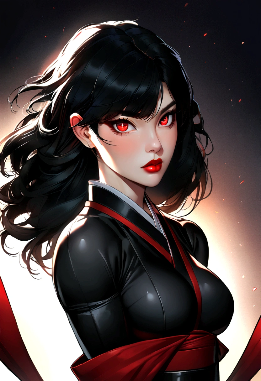 1 girl, korean, Body cute, Red lips, series, long black  hair, bangss, Eyes red, symbol pupil, close-fitting clothes, black leagwear, Japanese clothing