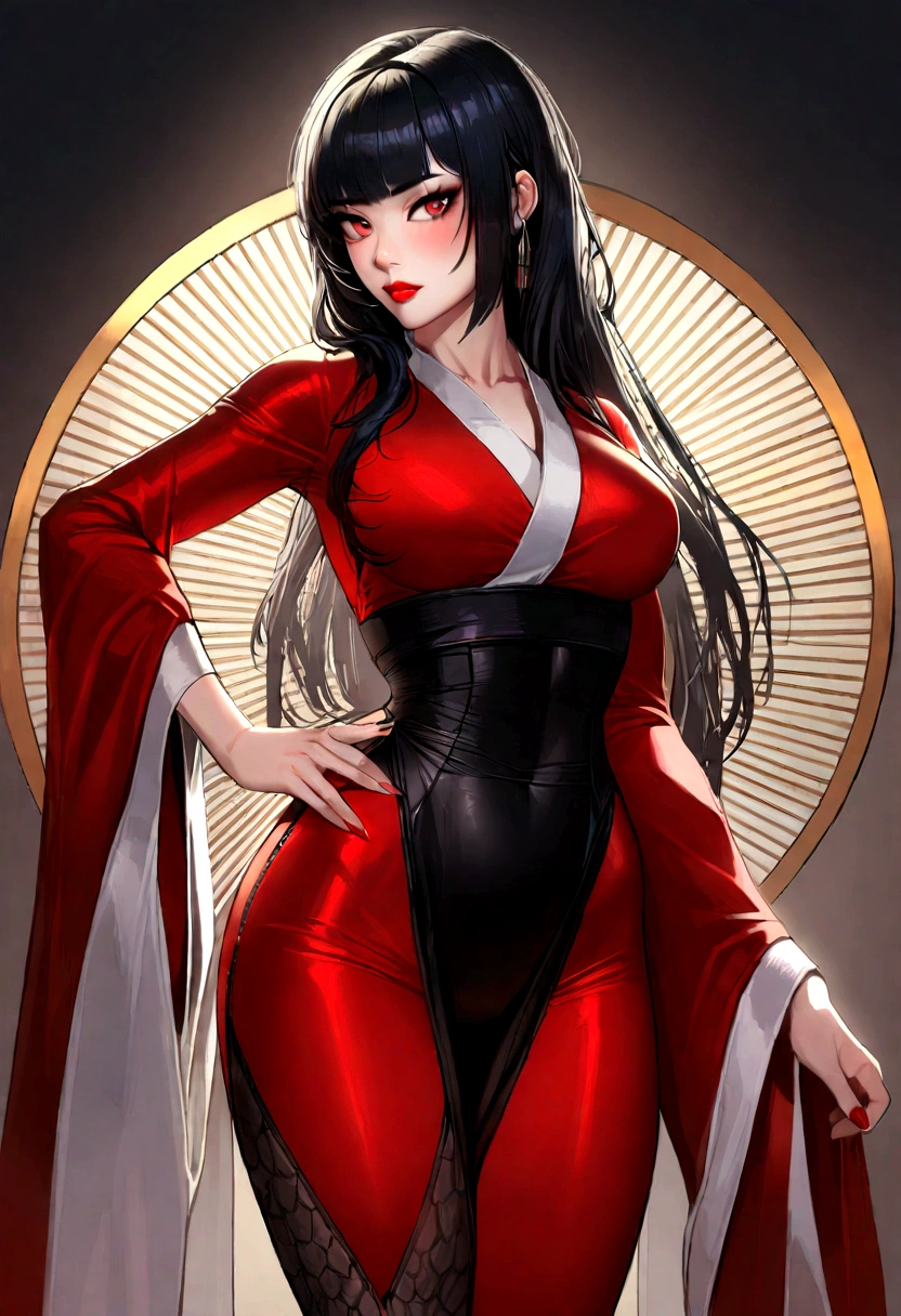 1 girl, korean, Body cute, Red lips, series, long black hair, bangss, Eyes red, symbol pupil, close-fitting clothes, black leagwear, Japanese clothing