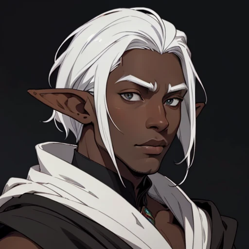 (masterpiece), (best quality),(portrait),(bust up),1boy,solo,(sharp focus),(look at viewer),,elf, elf wizard,(white hair),(dark skin) ,(black skin),adult, (ancient:1),ancient luxurious long clothes,old school fantasy art,((simple background)),