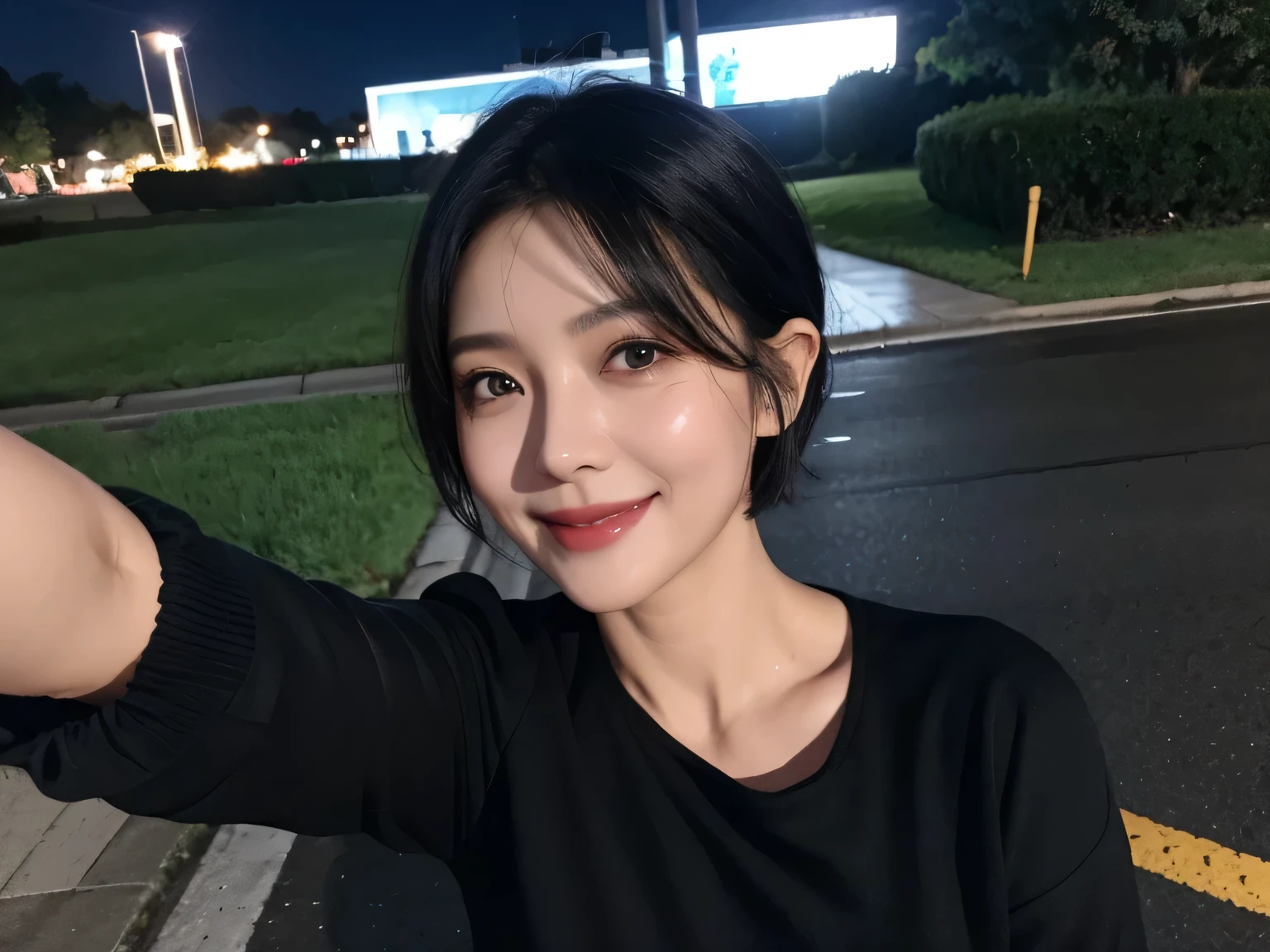 night、50 years old、Beauty、Dripping sweat、dress、Selfie、Light eye makeup、Black hair color、flat 、Hair blowing in the wind、short hair、Long sleeve、smile