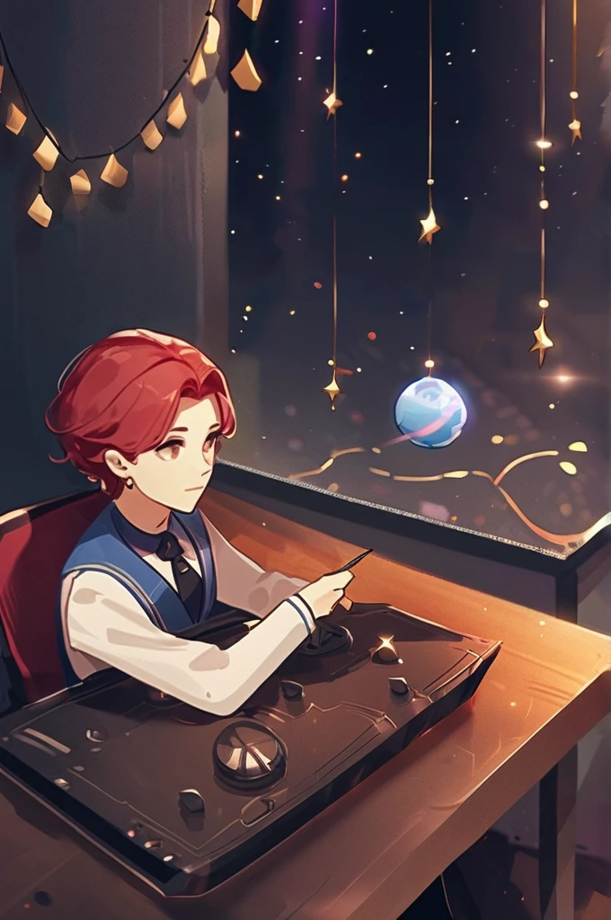 ((Лучшее качество)), ((шедевр)), (подробный), A red-haired gamer is playing tanks