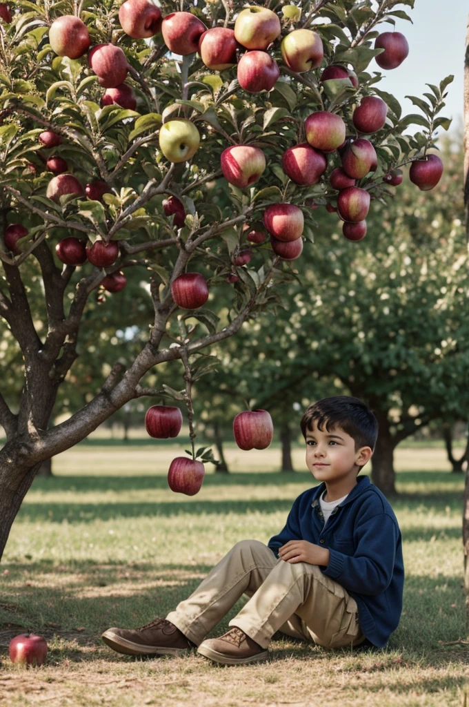 A boy is sitting under an apple tree