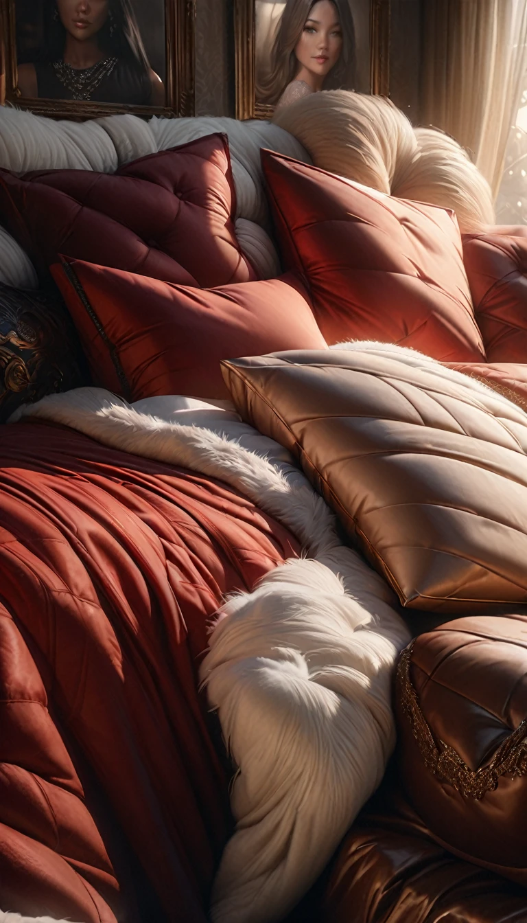 a huge cloud-like red silk feather duvet, many giant silk hugging pillows, a luxurious and fluffy red silk bed, (best quality,4k,8k,highres,masterpiece:1.2),ultra-detailed,(realistic,photorealistic,photo-realistic:1.37),silk,luxury,plush,cozy,comfortable,opulent,lavish,exquisite,elegant,fine details,soft,fluffy,voluptuous,lush,sensual,rich colors,dramatic lighting,chiaroscuro,cinematic,dramatic