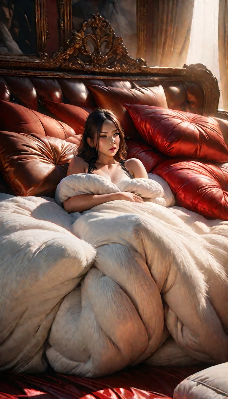 a huge cloud-like red silk feather duvet, many giant silk hugging pillows, a luxurious and fluffy red silk bed, (best quality,4k,8k,highres,masterpiece:1.2),ultra-detailed,(realistic,photorealistic,photo-realistic:1.37),silk,luxury,plush,cozy,comfortable,opulent,lavish,exquisite,elegant,fine details,soft,fluffy,voluptuous,lush,sensual,rich colors,dramatic lighting,chiaroscuro,cinematic,dramatic