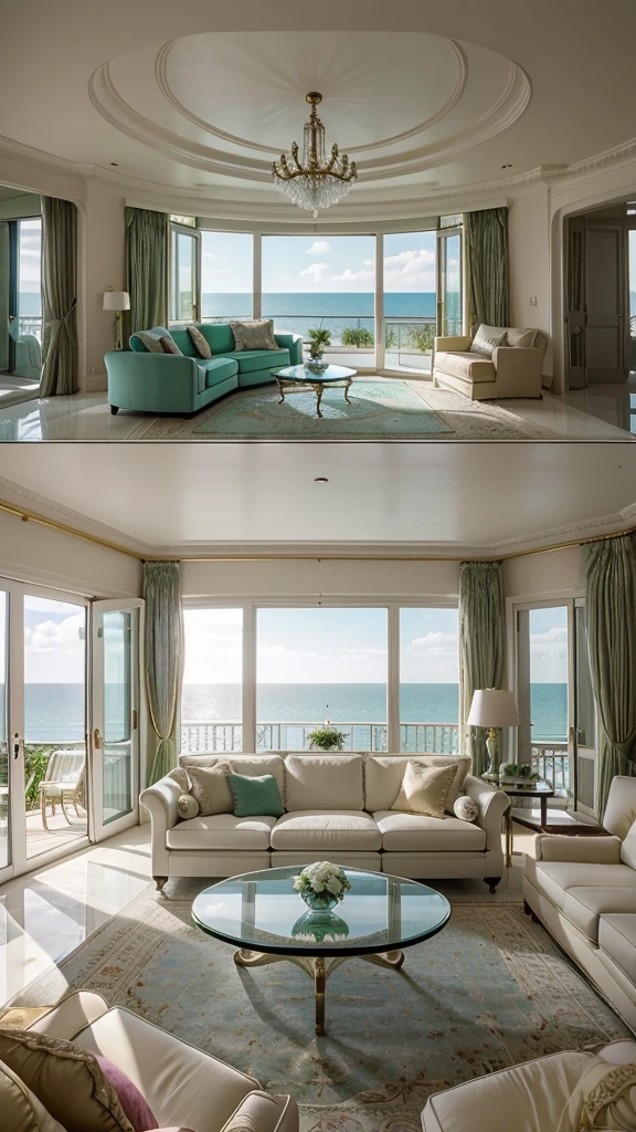 There is a large window、Luxurious living room with panoramic ocean views at sunset. The room features a white curved sofa with pink and white cushions., Green armchair, Tufted ottoman. An elegant white and gold coffee table is decorated with ornaments and flowers. The ceiling has an intricate design、Beautiful chandeliers are on display。. Floor-to-ceiling green curtains surround the windows., Polished marble floors create a sophisticated atmosphere.. With the sea in the background、A modern TV sits on a sleek console. Wide Layout