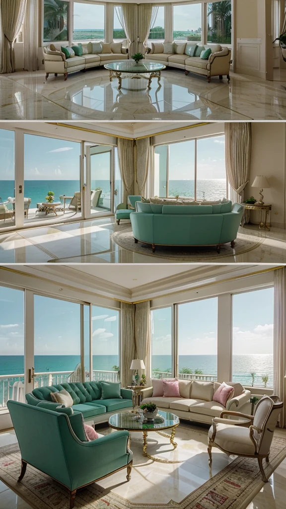 There is a large window、Luxurious living room with panoramic ocean views at sunset. The room features a white curved sofa with pink and white cushions., Green armchair, Tufted ottoman. An elegant white and gold coffee table is decorated with ornaments and flowers. The ceiling has an intricate design、Beautiful chandeliers are on display。. Floor-to-ceiling green curtains surround the windows., Polished marble floors create a sophisticated atmosphere.. With the sea in the background、A modern TV sits on a sleek console. Wide Layout