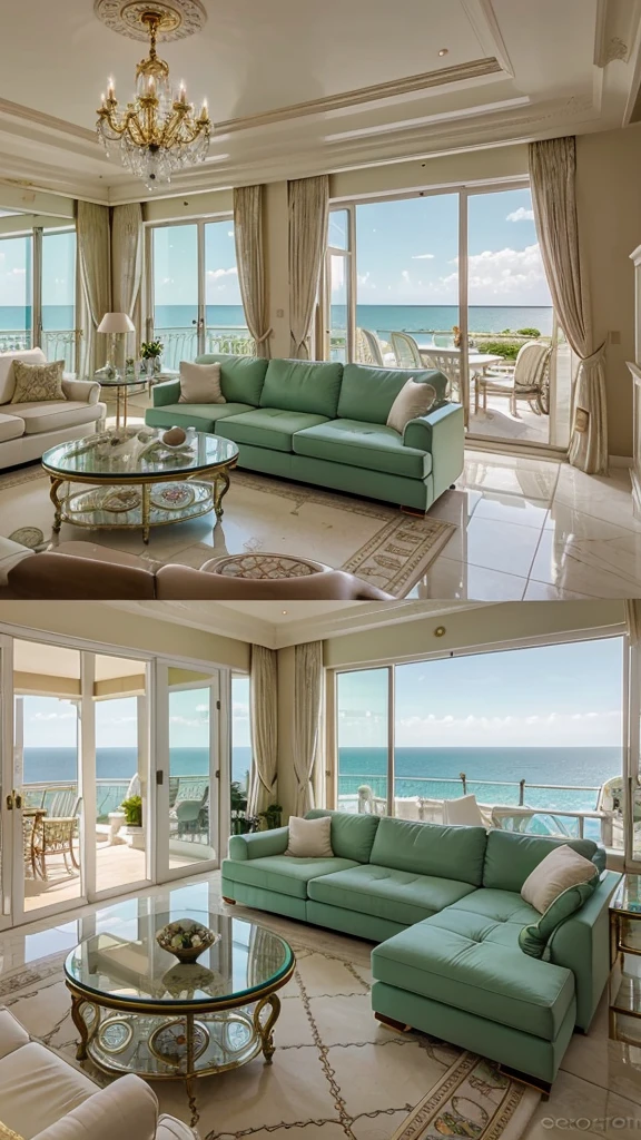 There is a large window、Luxurious living room with panoramic ocean views at sunset. The room features a white curved sofa with pink and white cushions., Green armchair, Tufted ottoman. An elegant white and gold coffee table is decorated with ornaments and flowers. The ceiling has an intricate design、Beautiful chandeliers are on display。. Floor-to-ceiling green curtains surround the windows., Polished marble floors create a sophisticated atmosphere.. With the sea in the background、A modern TV sits on a sleek console. Wide Layout