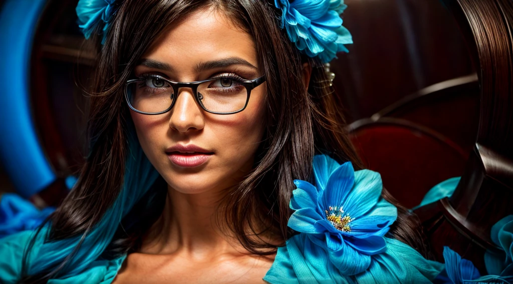Beautiful brunette with slightly dark skin and black hair with pearls for advertising stylish glasses with light blue frames, swirly vibrant colors, hyper realistic art in 4k, hyper realistic hair