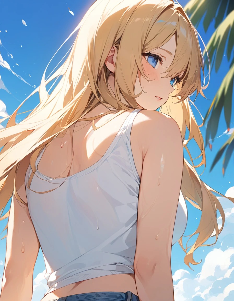 (Top quality illustrations:1.2), (pretty girl:1.1), (1 girl、、Top quality illustrations:1.2), (1 girl、Kind eyes、blue eyes:1.2)、Blonde、Semi-long hair、Mature、Beautiful breasts 、White tank top、Denim shorts、summer、blue sky、Sweat、Back view、hip focus