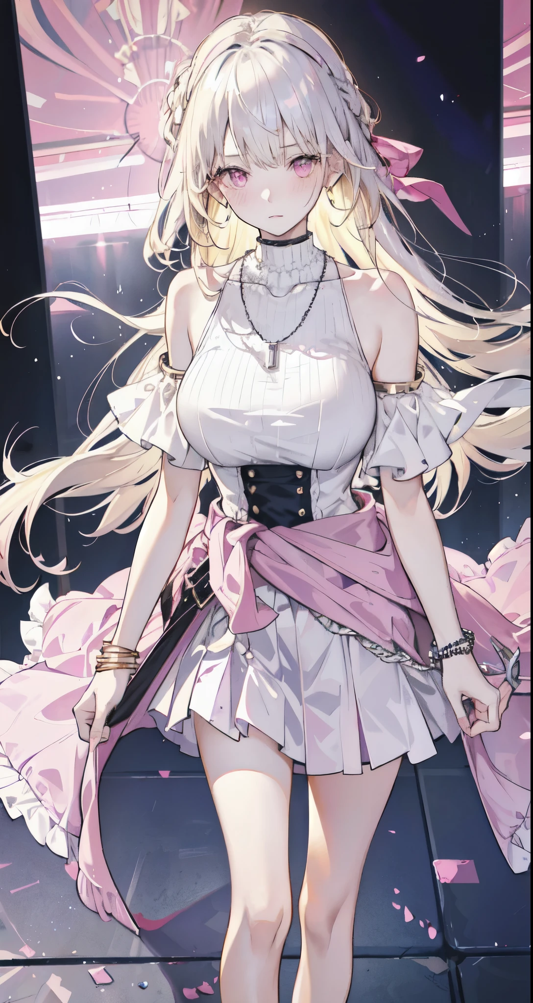 masterpiece, best quality, whole body, 1 Girl, Bangs, silver necklace, Blonde hair, Pink Eyes, blush, bracelet, Huge breasts, Clothes around the waist, clavicle, Gradient hair, Shy, Jewelry, Long hair, Looking at the audience, Loose necklace, lattice, lattice skirt, pleated skirt, short skirt, ring, white Women&#39;s shirts, off-shoulders Women&#39;s shirts, Women&#39;s shirts, skirt, brown skirt, Innocent, Solitary, street, Sky, Cherry blossoms, petal, illustration, Fashionable, Miss, Energetic, Full set of clothing, Strike a pose, front, rich and colorful, Dynamic, background, Express, statement, Accessories, majestic, curled, Touch, Scenes, striking, fashionable, striking, Modern, trend, Key Points, Fashion, Sexy, Tempting breasts, Cute girl, Top of crop