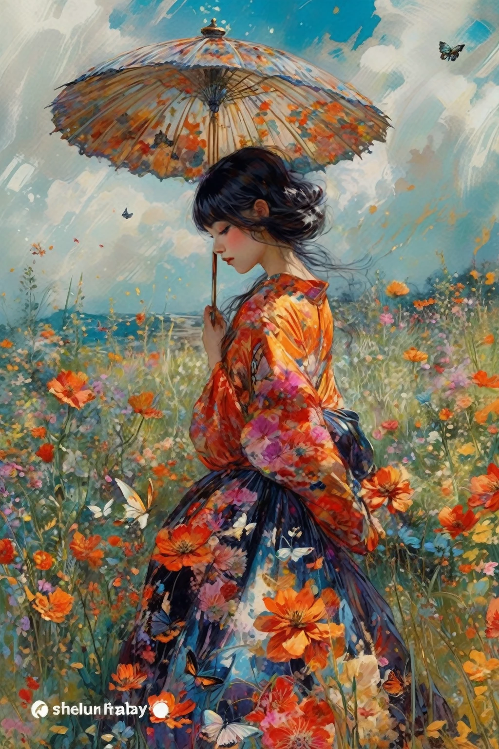 chiaroscuro technique on sensual illustration of an baby girl (((long hair with bangs:1.4、Beautiful bangs) , vintage ,silky dress, matte painting, by John Singer Sargent, by Harumi Hironaka, abstract background, (upper body:1.5), (highres:1.2,realistic:1.37),Girl in a magical garden, fairytale atmosphere, beautiful detailed eyes, long flowing hair, vibrant flowers, butterflies fluttering around, golden rays of sunlight, soft and dreamy color palette, whimsical lighting, enchanting scenery, fantasy ambiance, surreal elements, ethereal beauty.