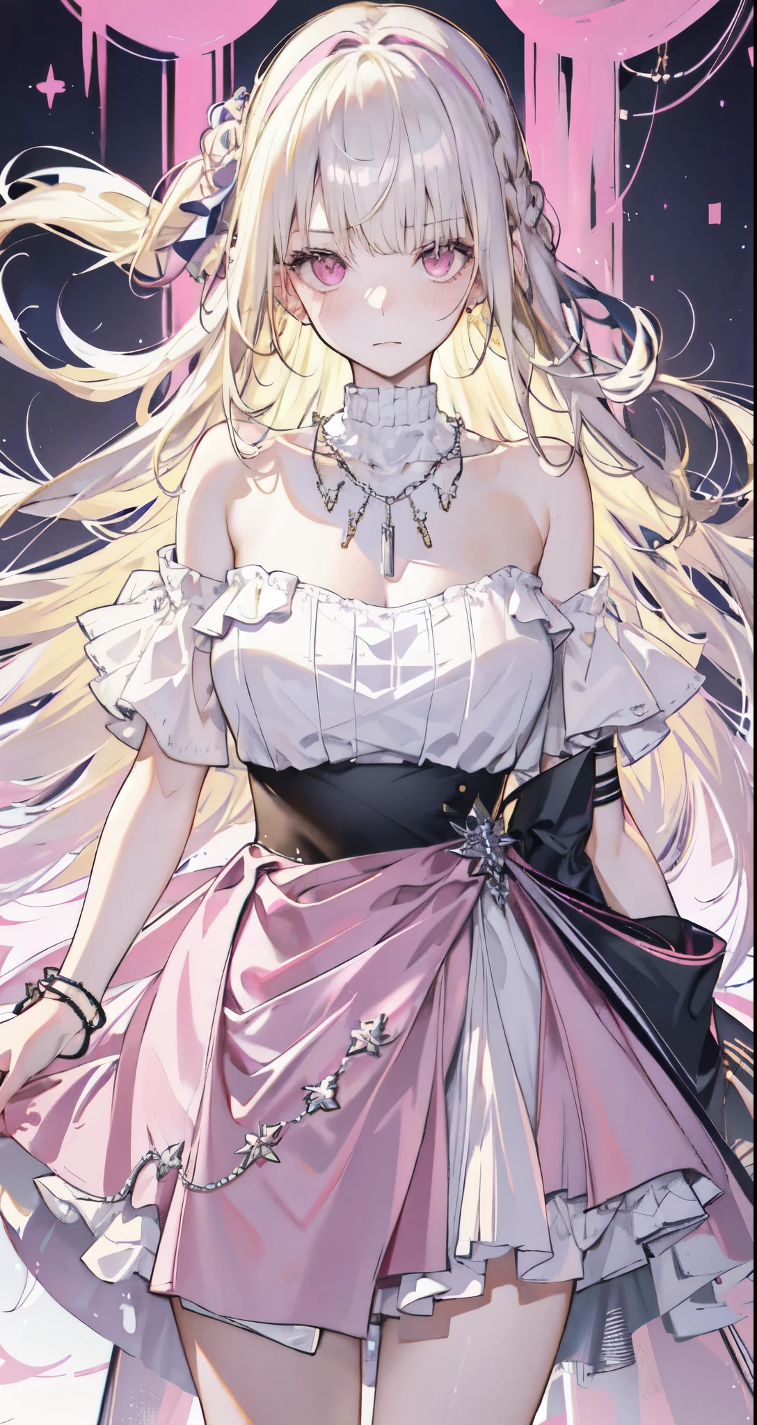 masterpiece, best quality, whole body, 1 Girl, Bangs, silver necklace, Blonde hair, Pink Eyes, blush, bracelet, Huge breasts, Clothes around the waist, clavicle, Gradient hair, Shy, Jewelry, Long hair, Looking at the audience, Loose necklace, lattice, lattice skirt, pleated skirt, short skirt, ring, white Women&#39;s shirts, off-shoulders Women&#39;s shirts, Women&#39;s shirts, skirt, brown skirt, Innocent, Solitary, street, Sky, Cherry blossoms, petal, illustration, Fashionable, Miss, Energetic, Full set of clothing, Strike a pose, front, rich and colorful, Dynamic, background, Express, statement, Accessories, majestic, curled, Touch, Scenes, striking, fashionable, striking, Modern, trend, Key Points, Fashion, Sexy, Tempting breasts, Cute girl, Top of crop