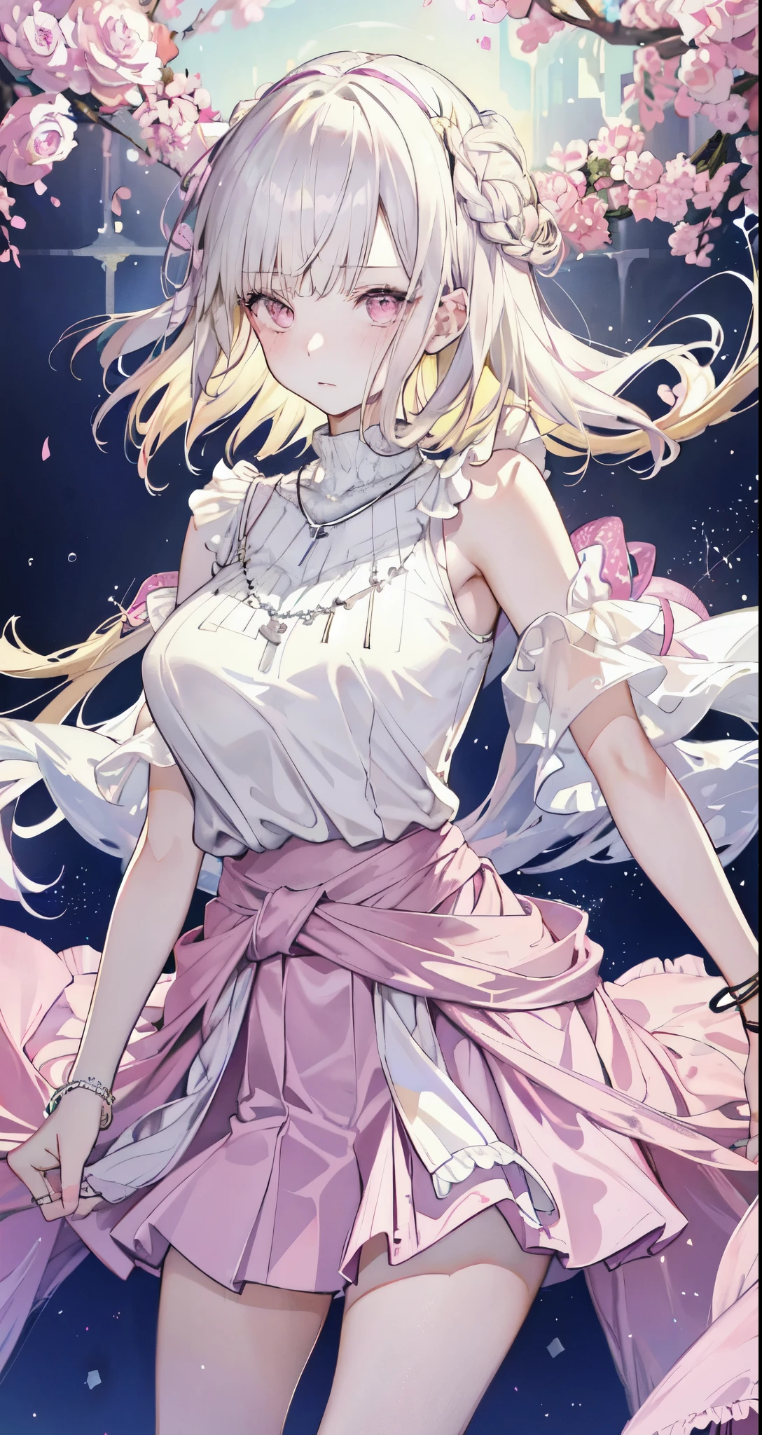 masterpiece, best quality, whole body, 1 Girl, Bangs, silver necklace, Blonde hair, Pink Eyes, blush, bracelet, Huge breasts, Clothes around the waist, clavicle, Gradient hair, Shy, Jewelry, Long hair, Looking at the audience, Loose necklace, lattice, lattice skirt, pleated skirt, short skirt, ring, white Women&#39;s shirts, off-shoulders Women&#39;s shirts, Women&#39;s shirts, skirt, brown skirt, Innocent, Solitary, street, Sky, Cherry blossoms, petal, illustration, Fashionable, Miss, Energetic, Full set of clothing, Strike a pose, front, rich and colorful, Dynamic, background, Express, statement, Accessories, majestic, curled, Touch, Scenes, striking, fashionable, striking, Modern, trend, Key Points, Fashion, Sexy, Tempting breasts, Cute girl, Top of crop