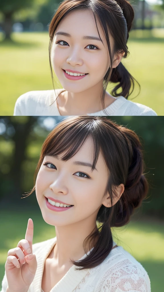 (Surreal), (High resolution), (8K), (Very detailed), (Beautiful and fine details), (Highest quality), (Ultra-detailed), (masterpiece), (Detailed face), Park Background、Yui Arakaki's face、huge 、Japanese: Tie your hair up、Laughter、Smiling and making a peace sign